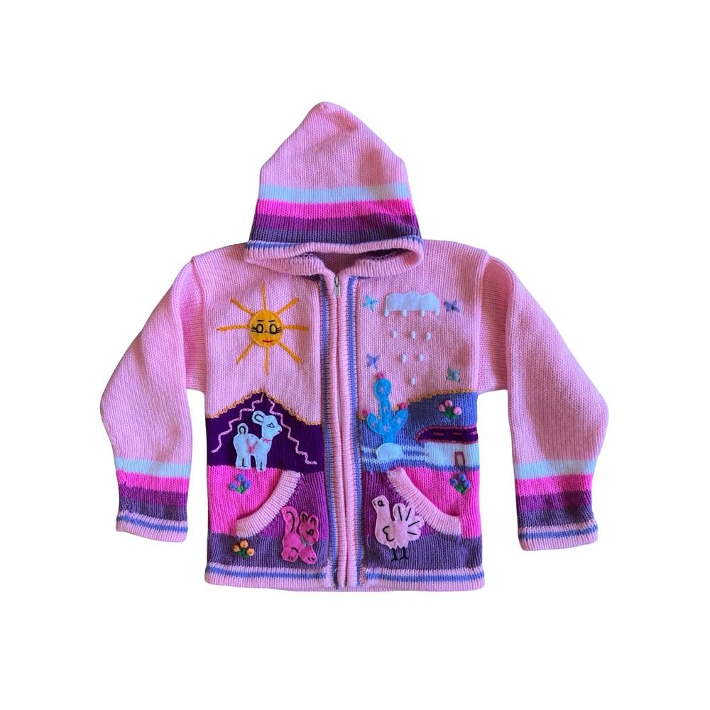Whimsical Boho Girls 8y Embroidered Pink Knit Full-Zip Sweater Adorable Applique